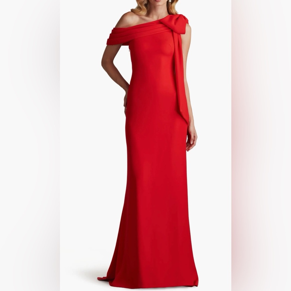 TADASHI SHOIJ CASSIA BOW-SHOULDER CREPE GOWN ALG18371L-RED ROSE  NWT
